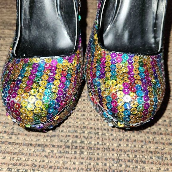 Deb Women's Multi Colored Rainbow Pride Sequin Platform Stiletto Heel Pumps Size - Picture 8 of 9